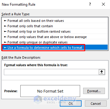 New Formatting Rule Box to Create Excel Formula to Color a Cell If the Value Follows a Condition