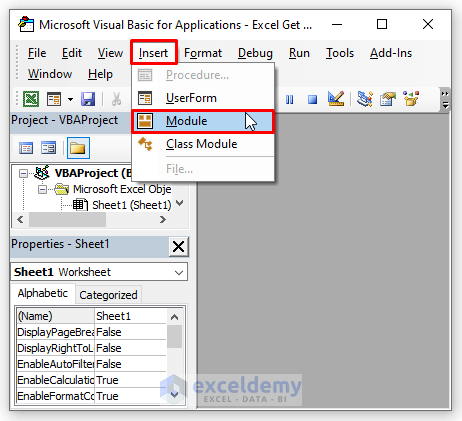 insert module of VBA editor