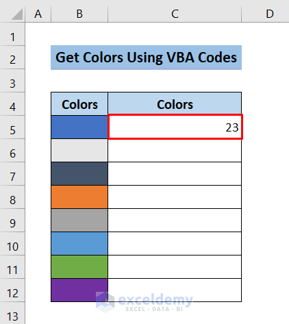 result of the VBA code to get color