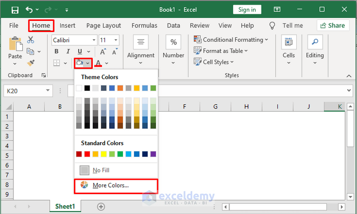 excel fill color in home tab
