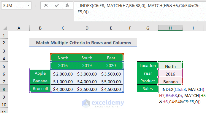 match multiple criteria in row-wise and column-wise