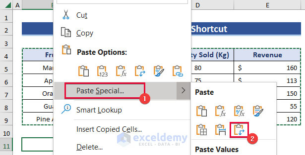 Pasting Dataset Using Transpose Command from the Context Menu