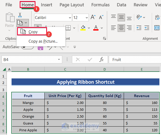 Choosing Copy from the Ribbon to Perform Transpose Operation Using Paste Shortcut