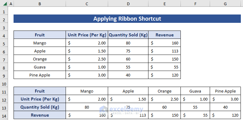 Applying Ribbon Shortcut to Perform Transpose Operation Using Paste Shortcut