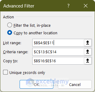 Inserting the parameters in Advanced Filter Dialogue box