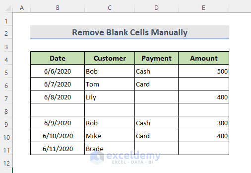 Remove Blank Cells Manually in Excel