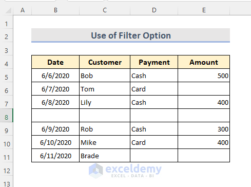 Use of Filter Option for Removing Blank Cells
