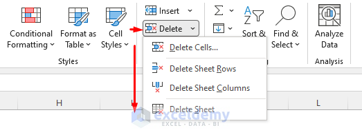 Opening Delete options from the ribbon 