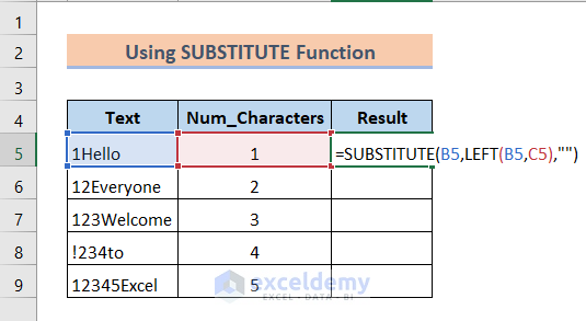 SUBSTITUTE function to remove characters