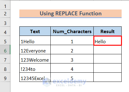 result after typing replace function