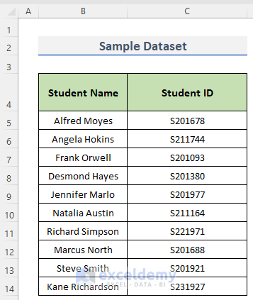 A dataset containing Student's Name and ID's