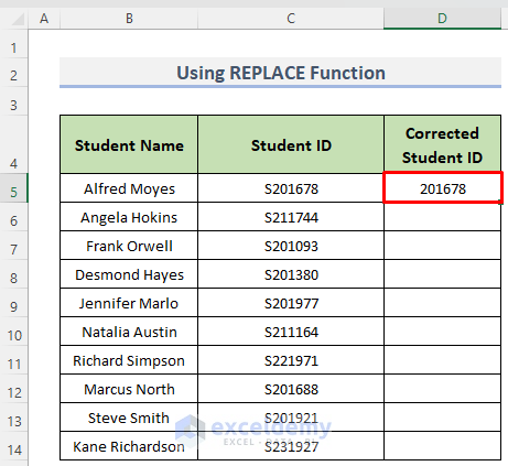 Single output using the REPLACE function to remove first character in Excel