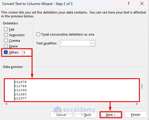 Using the Convert Text to Columns Wizard window to remove first character in excel