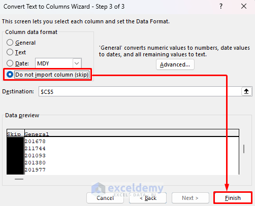 Using the Convert Text to Columns Wizard window to remove first character in excel