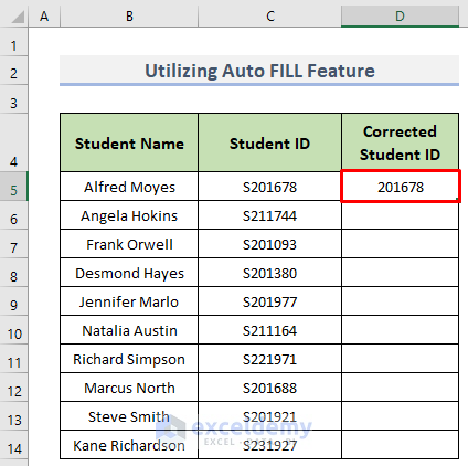 Writing the first data removing the first character in excel