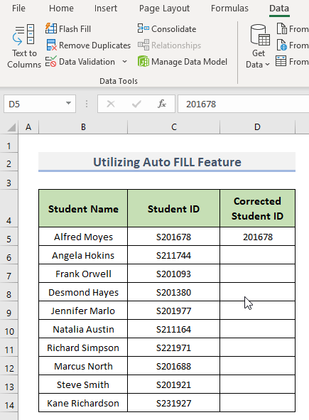 Using Flash Fill from the Data tab in the Ribbon to remove first character in Excel