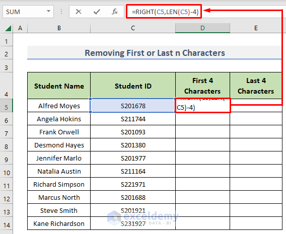 Using the RIGHT and LEN functions to remove first 4 characters in Excel