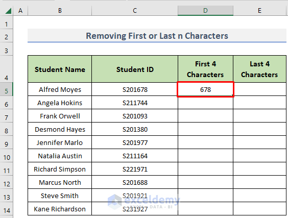 successfully removed the first 4 character in excel