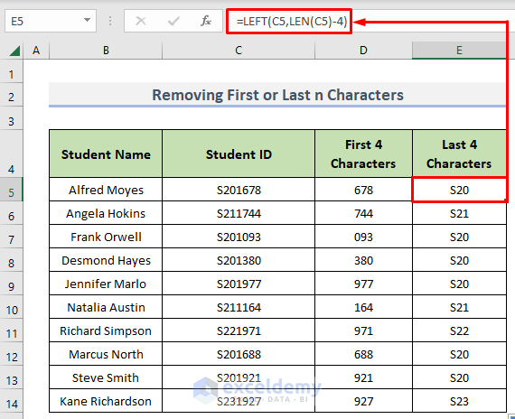 Using the LEFT and LEN functions to remove first 4 characters in Excel