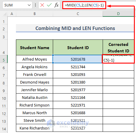 Combining the MID and LEN functions to remove first character in Excel