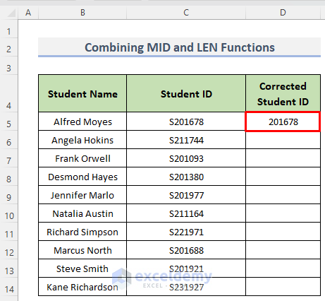 Single output using the MID and the LEN functions to remove first character in Excel