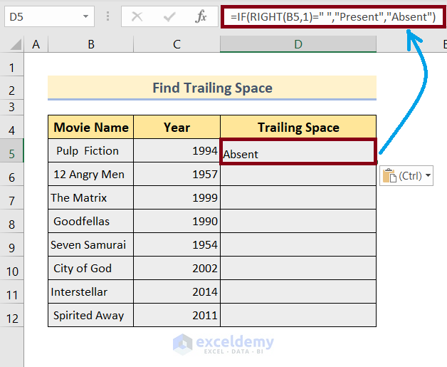 find trailing spaces in excel using if function