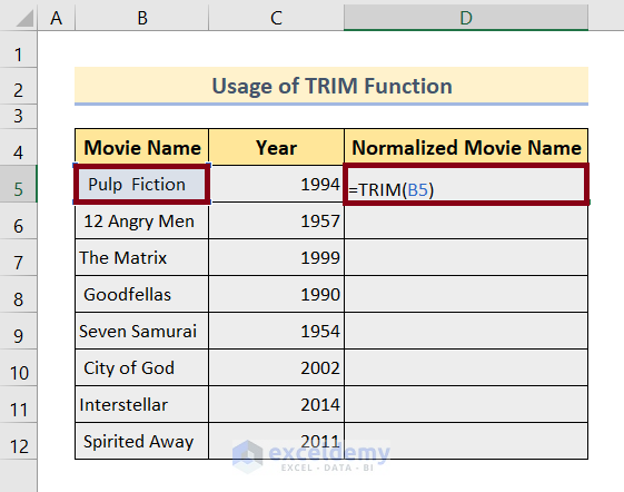 delete trailing spaces in excel using trim function