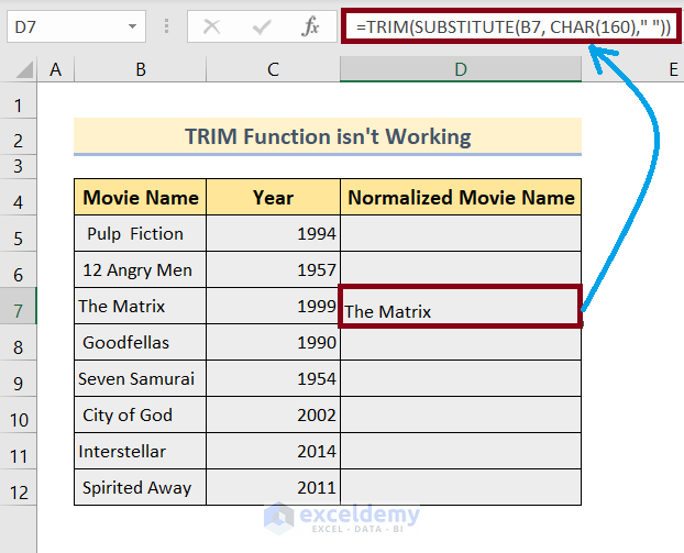 substitute and trim function in excel nested