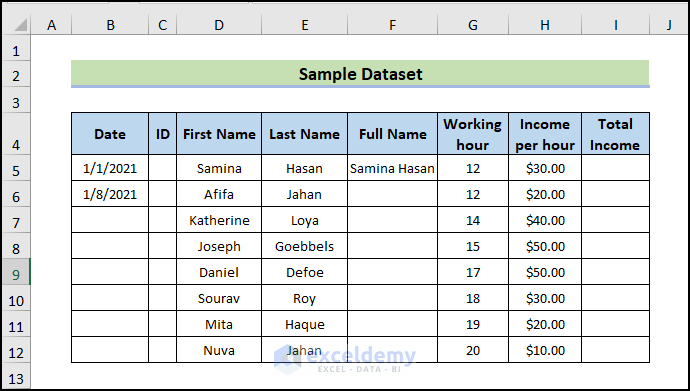 sample dataset to Repeat Formula Pattern in Excel