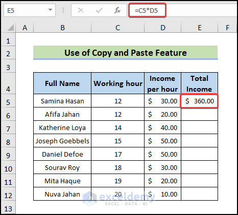 copy and paste feature to Repeat Formula Pattern in Excel