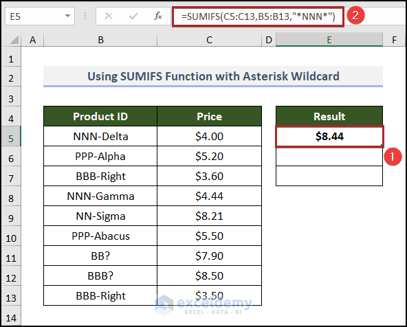 Using SUMIFS Function with wildcard to Fetch Text Contained Within a Text String in Excel