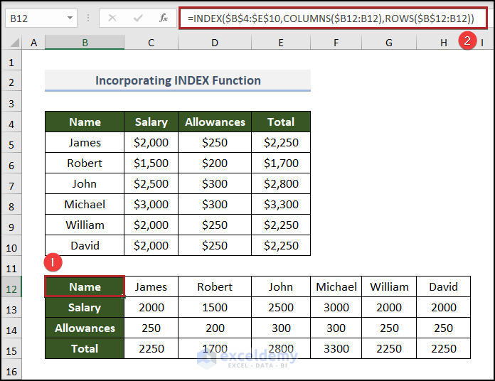 Incorporating INDEX Function to transpose formulas without changing references in Excel