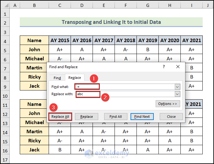 using find and replace feature to transpose rows to columns in Excel