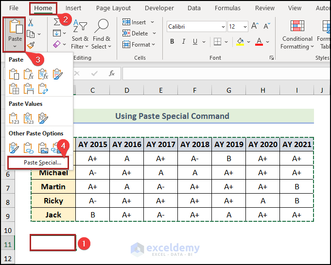 Paste Special Command from Ribbon in Excel