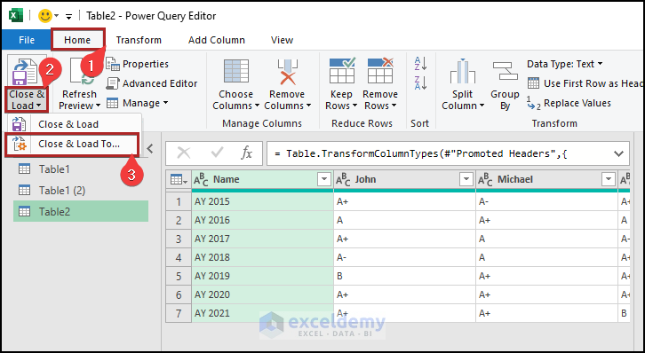 Implementing Power Query Tool to transpose rows to columns in Excel