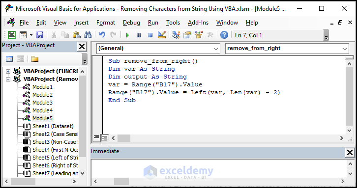 Writing VBA code to remove characters from the right of the string using VBA in Excel