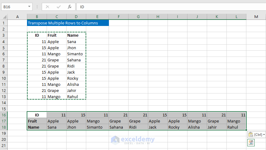 Using Paste Special to Transpose Multiple Rows in Group to Columns