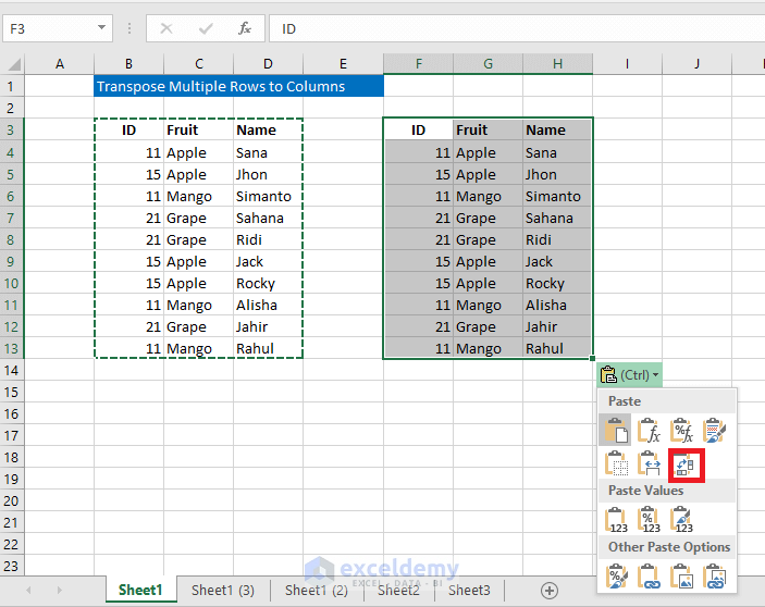 Using Paste Special to Transpose Multiple Rows in Group to Columns
