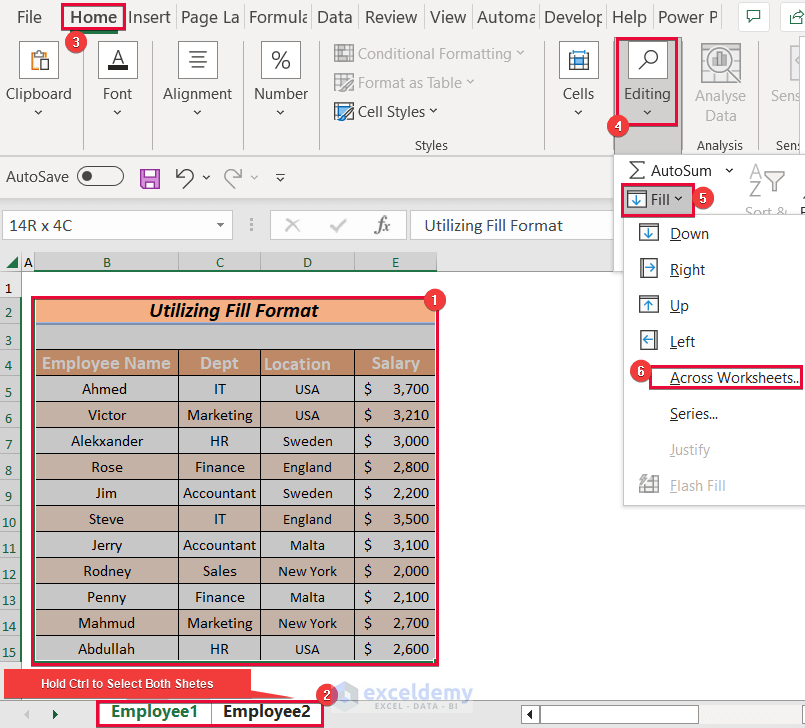 Clicking On Across Worksheets Option to Fill Across Worksheets in Excel
