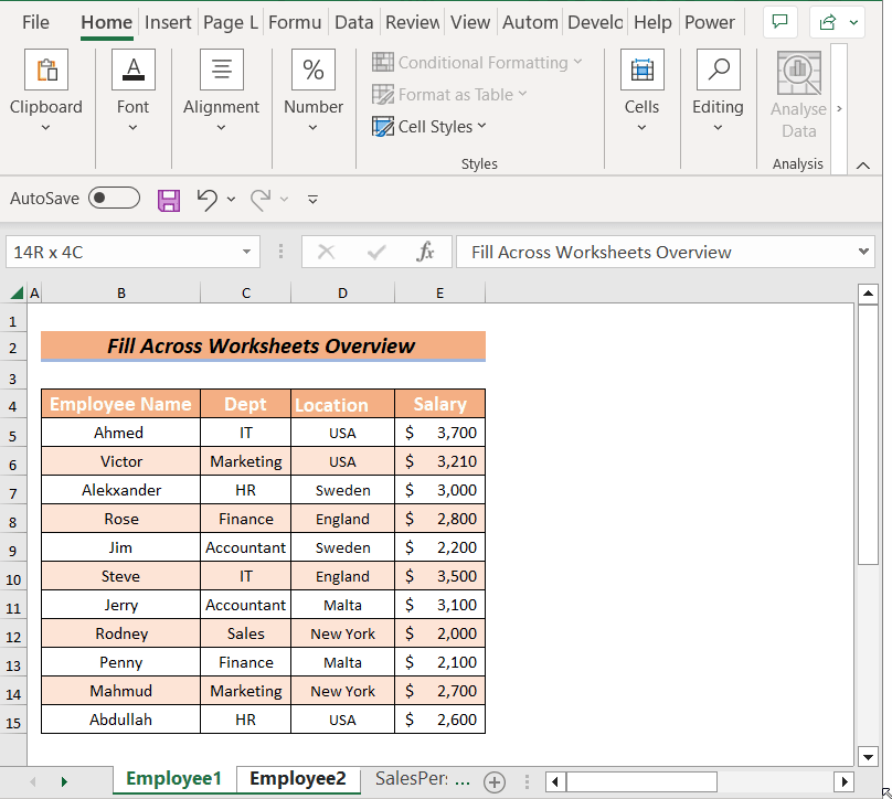 Overview of Fill Across Worksheets in Excel