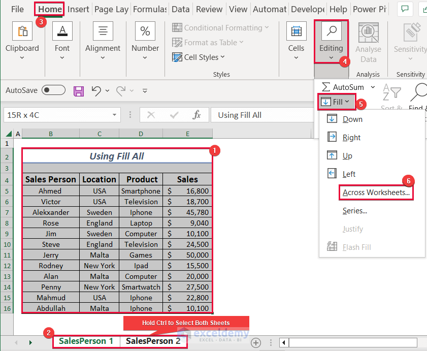Choosing Across Worksheets Option to Fill Across Worksheets in Excel