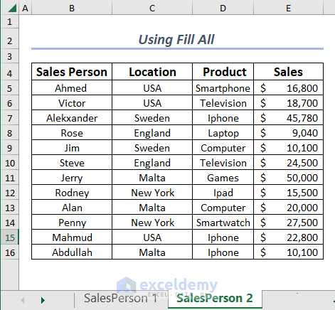 Using Fill All to Fill Across Worksheets in Excel