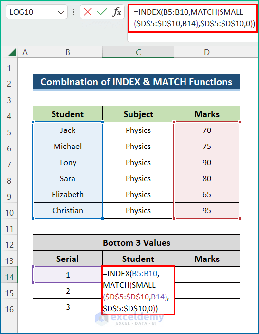 Combine INDEX and MATCH Functions to highlight lowest value in excel