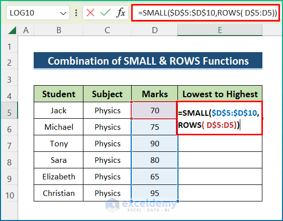 Combine SMALL and ROWS Functions to Sort Smallest to Largest Values in Excel