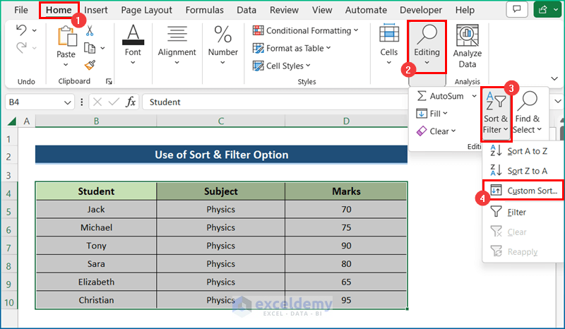Using Sort & Filter Option to Highlight Lowest Value in Excel