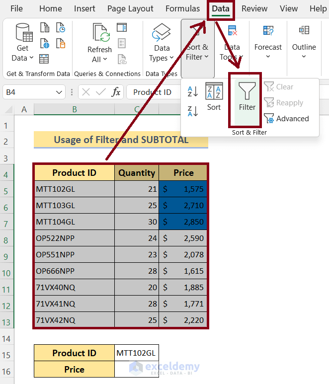 Use of AutoFilter and SUBTOTAL to Add up Colored Cells in Excel