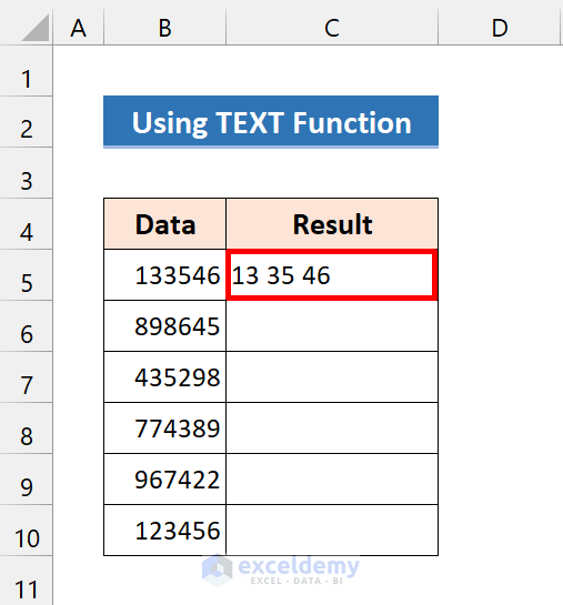 result after typing text function in excel