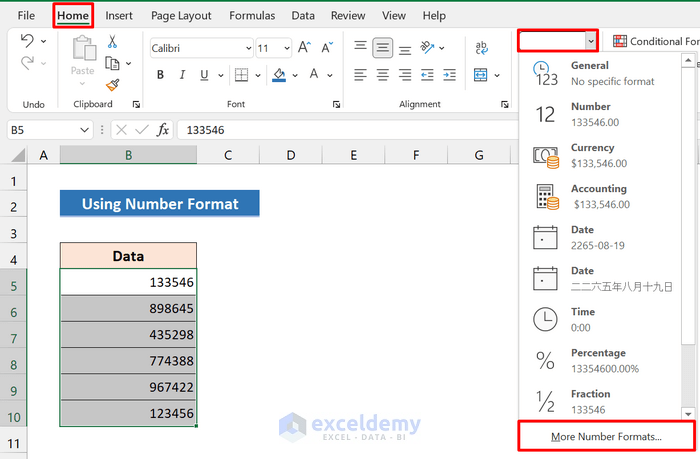 number format in home tab