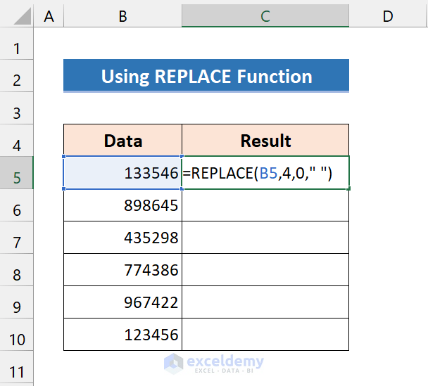 replace function to add space between numbers in excel