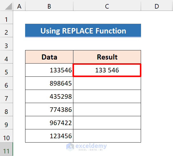 result of replace function in excel